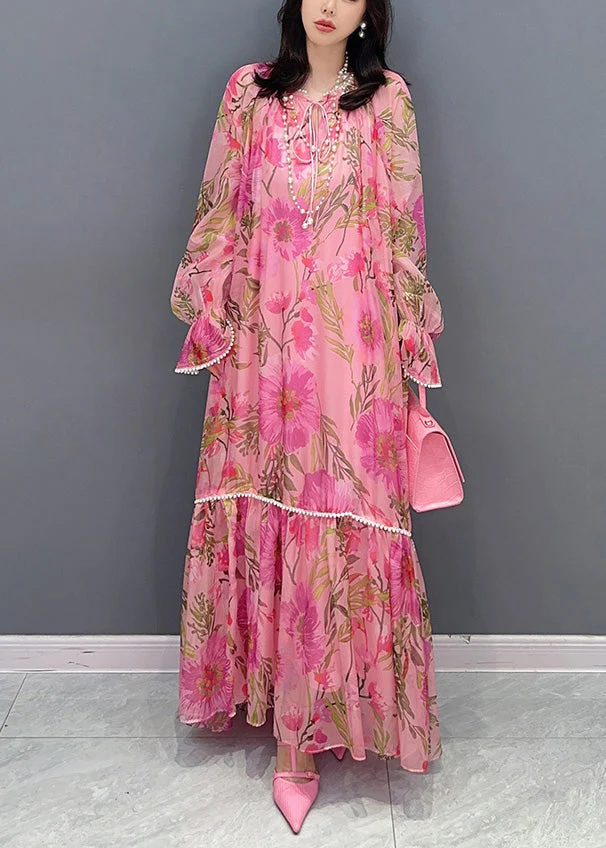 Cute Pink O-Neck Print Nail Bead Chiffon Maxi Dresses Long Sleeve - Image 2