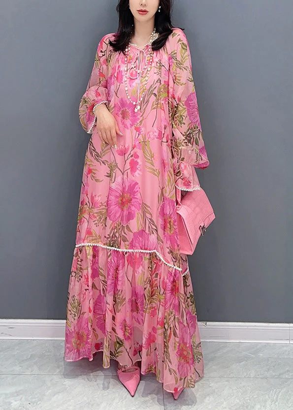 Cute Pink O-Neck Print Nail Bead Chiffon Maxi Dresses Long Sleeve - Image 3