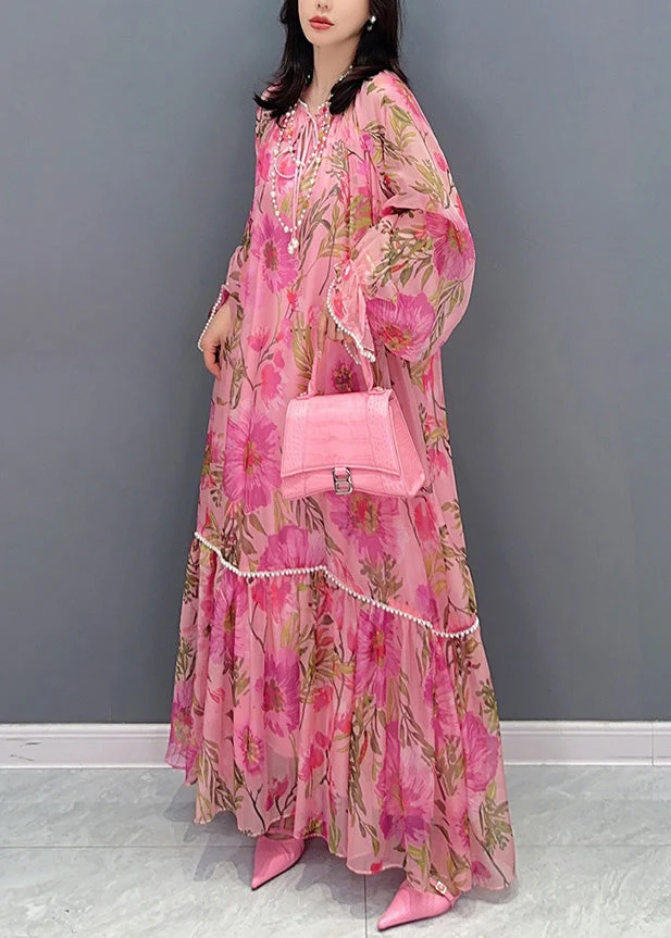 Cute Pink O-Neck Print Nail Bead Chiffon Maxi Dresses Long Sleeve - Image 4