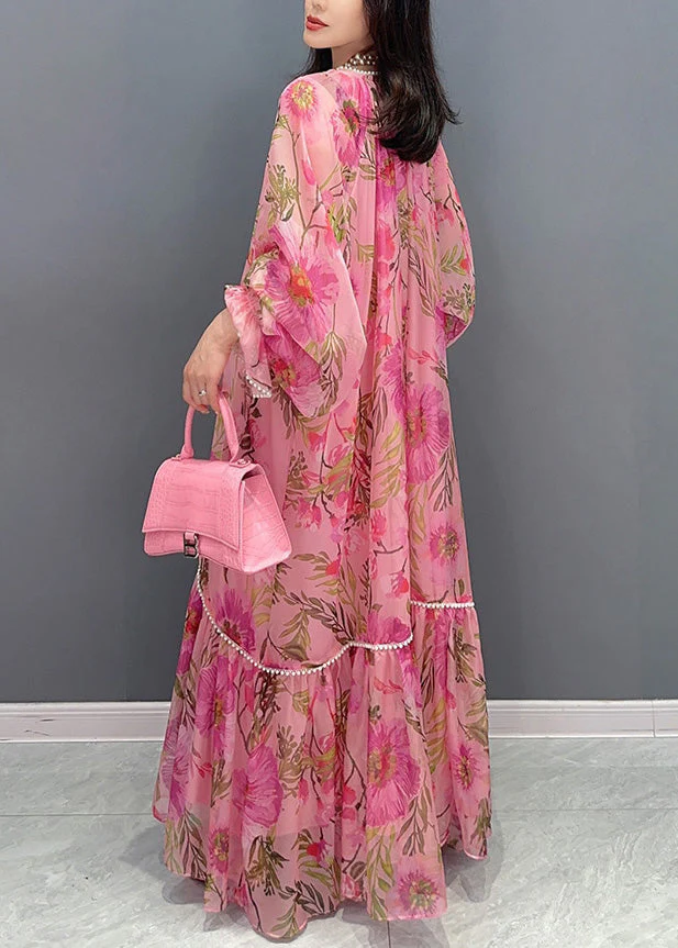 Cute Pink O-Neck Print Nail Bead Chiffon Maxi Dresses Long Sleeve - Image 5