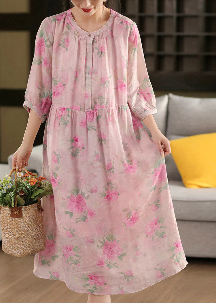 Cute Pink O-Neck Print Patchwork Linen Maxi Dress Half Sleeve