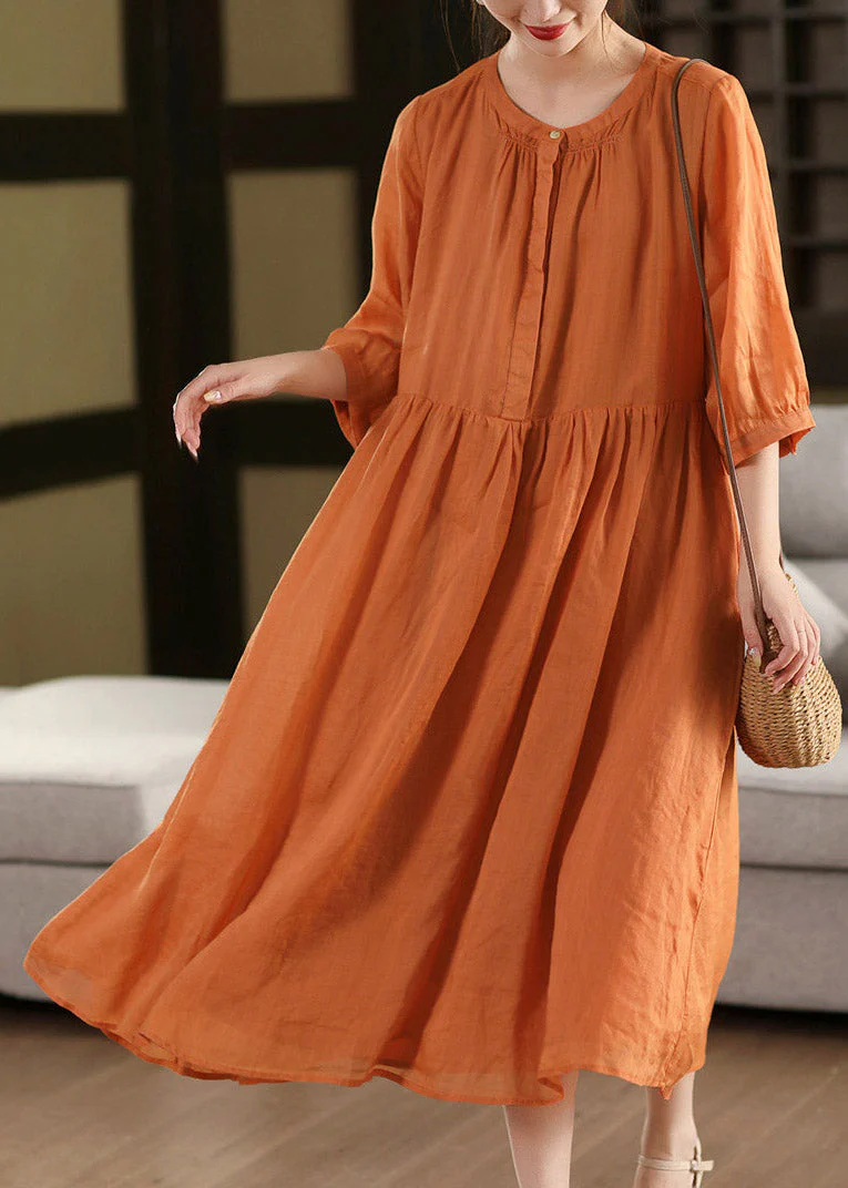 Cute Pink O-Neck Print Patchwork Linen Maxi Dress Half Sleeve - Image 2