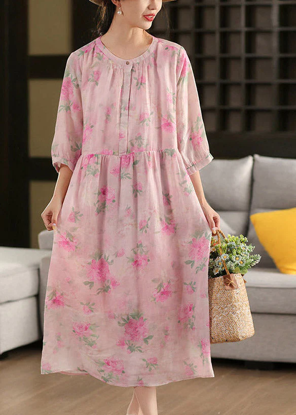 Cute Pink O-Neck Print Patchwork Linen Maxi Dress Half Sleeve - Image 3