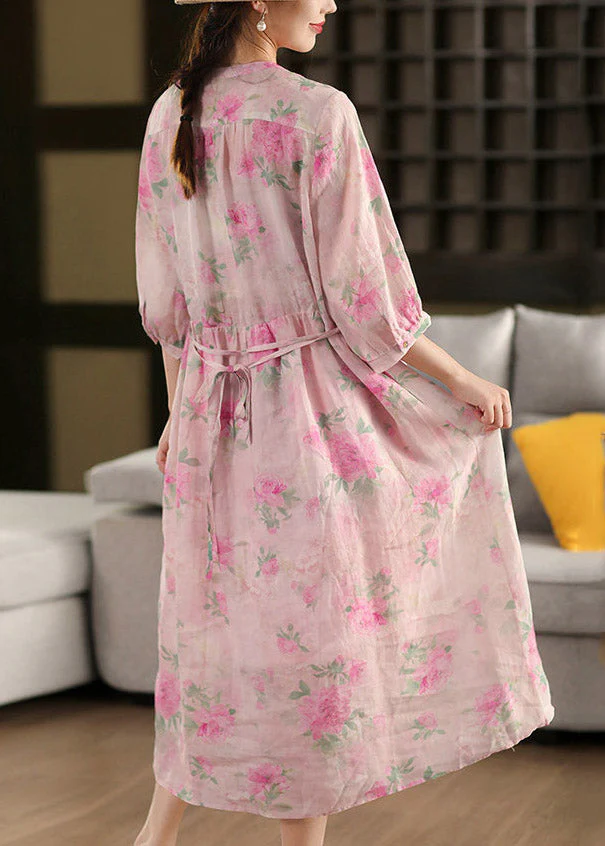 Cute Pink O-Neck Print Patchwork Linen Maxi Dress Half Sleeve - Image 5