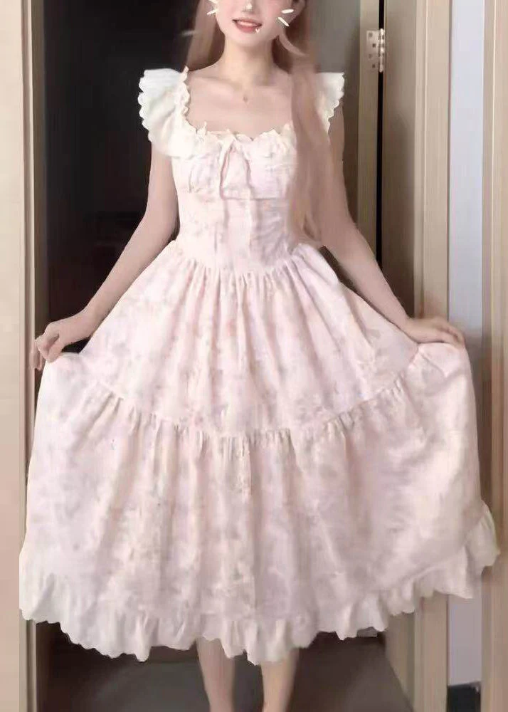 Cute Pink O-Neck Print Wrinkled Mid Dress Short Sleeve - Image 3
