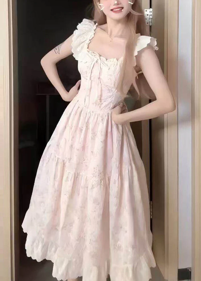 Cute Pink O-Neck Print Wrinkled Mid Dress Short Sleeve - Image 5