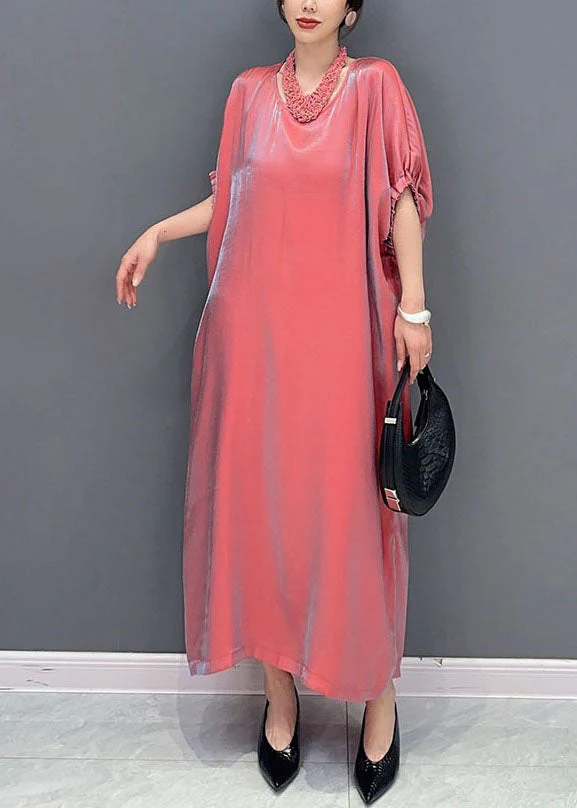 Cute Pink O-Neck Solid Silk Long Dress Short Sleeve - Image 2