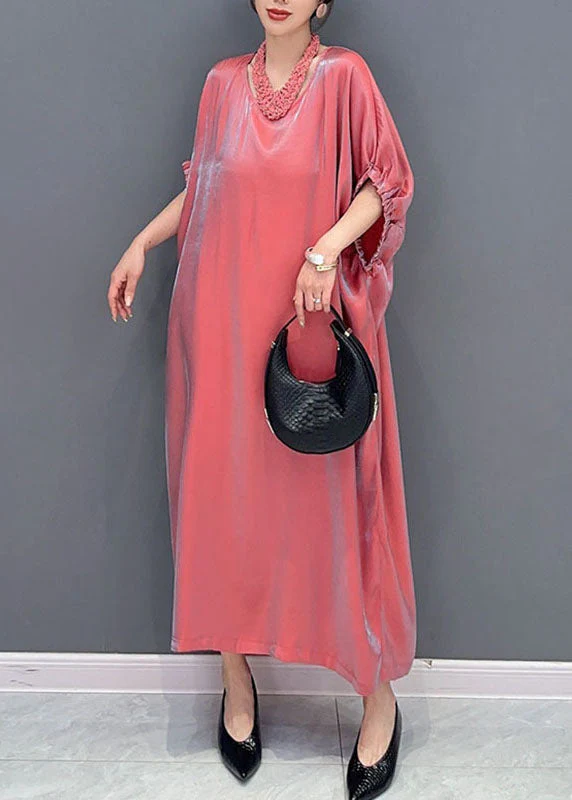 Cute Pink O-Neck Solid Silk Long Dress Short Sleeve - Image 3