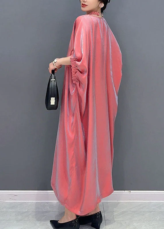 Cute Pink O-Neck Solid Silk Long Dress Short Sleeve - Image 4
