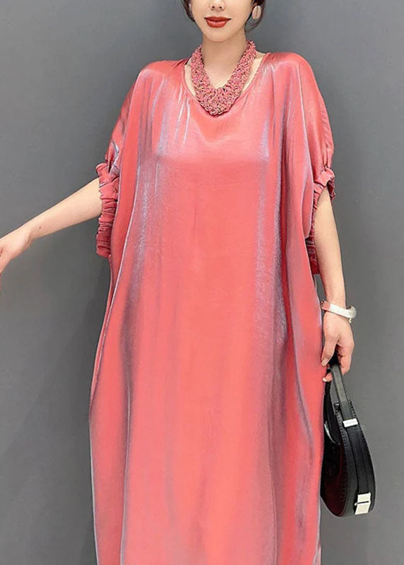 Cute Pink O-Neck Solid Silk Long Dress Short Sleeve - Image 5