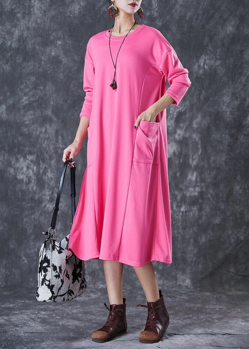 Cute Pink Oversized Pockets Cotton Long Dress Fall - Image 2