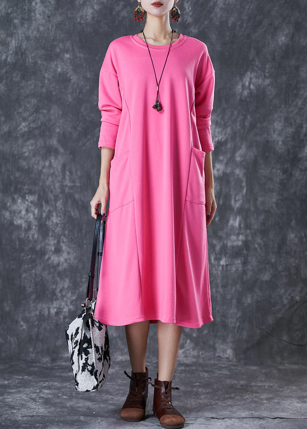 Cute Pink Oversized Pockets Cotton Long Dress Fall - Image 3