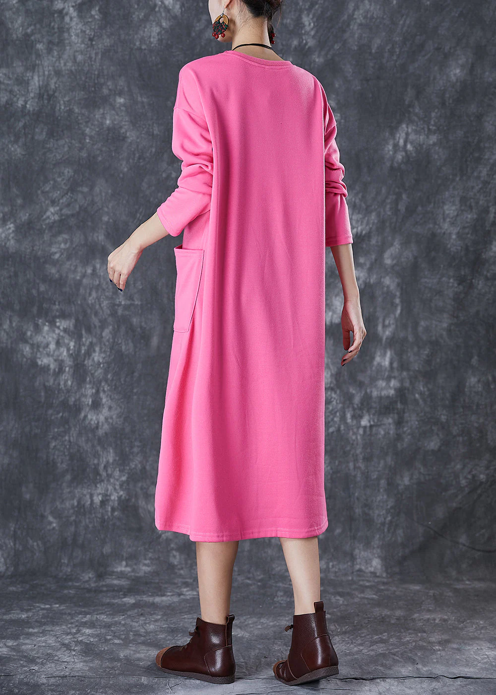 Cute Pink Oversized Pockets Cotton Long Dress Fall - Image 4