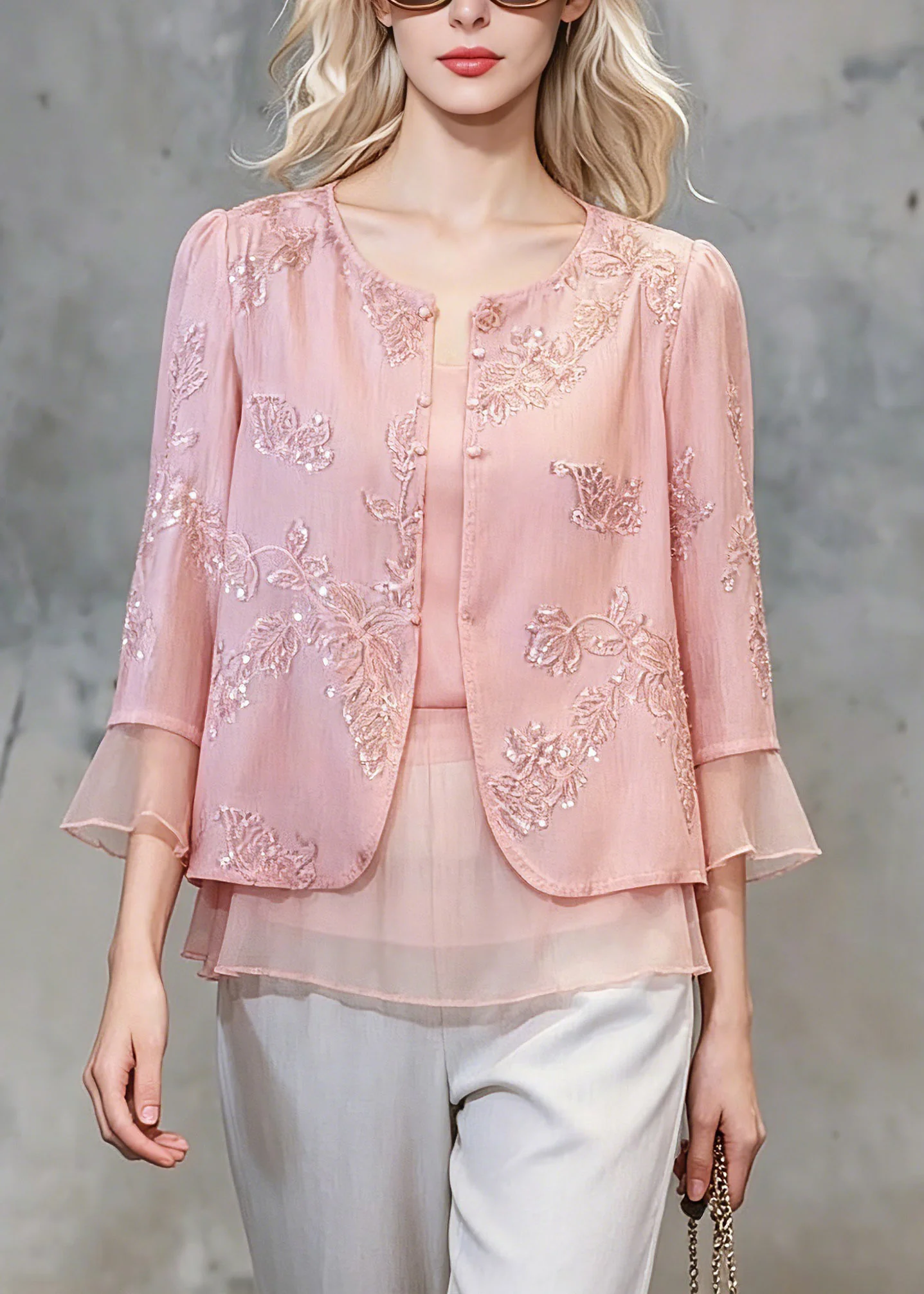 Cute Pink Patchwork Button Fake Two-Piece Chiffon Shirt Three Quarter Sleeve - Image 3