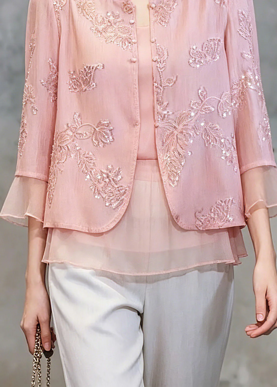 Cute Pink Patchwork Button Fake Two-Piece Chiffon Shirt Three Quarter Sleeve - Image 4