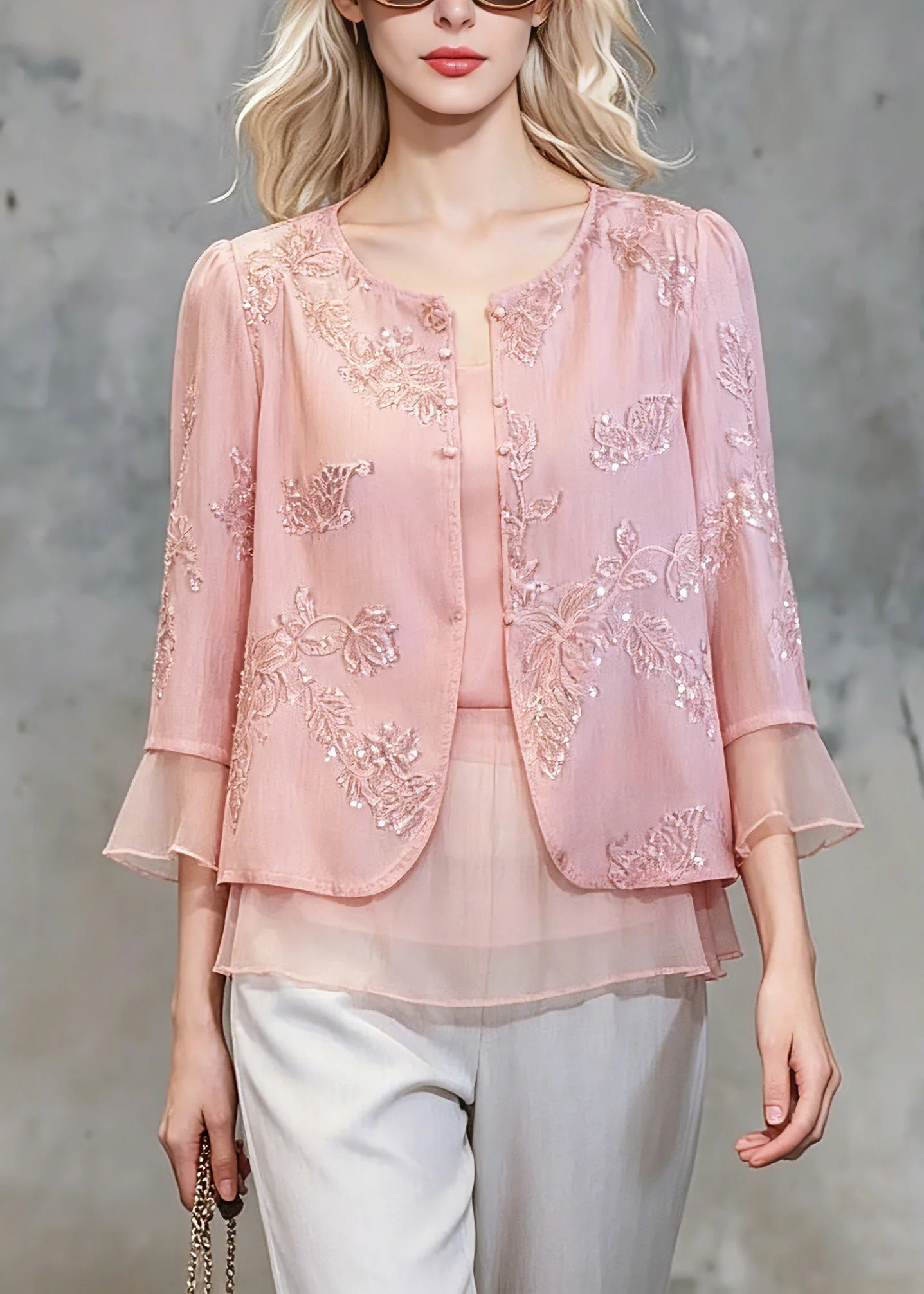 Cute Pink Patchwork Button Fake Two-Piece Chiffon Shirt Three Quarter Sleeve - Image 5