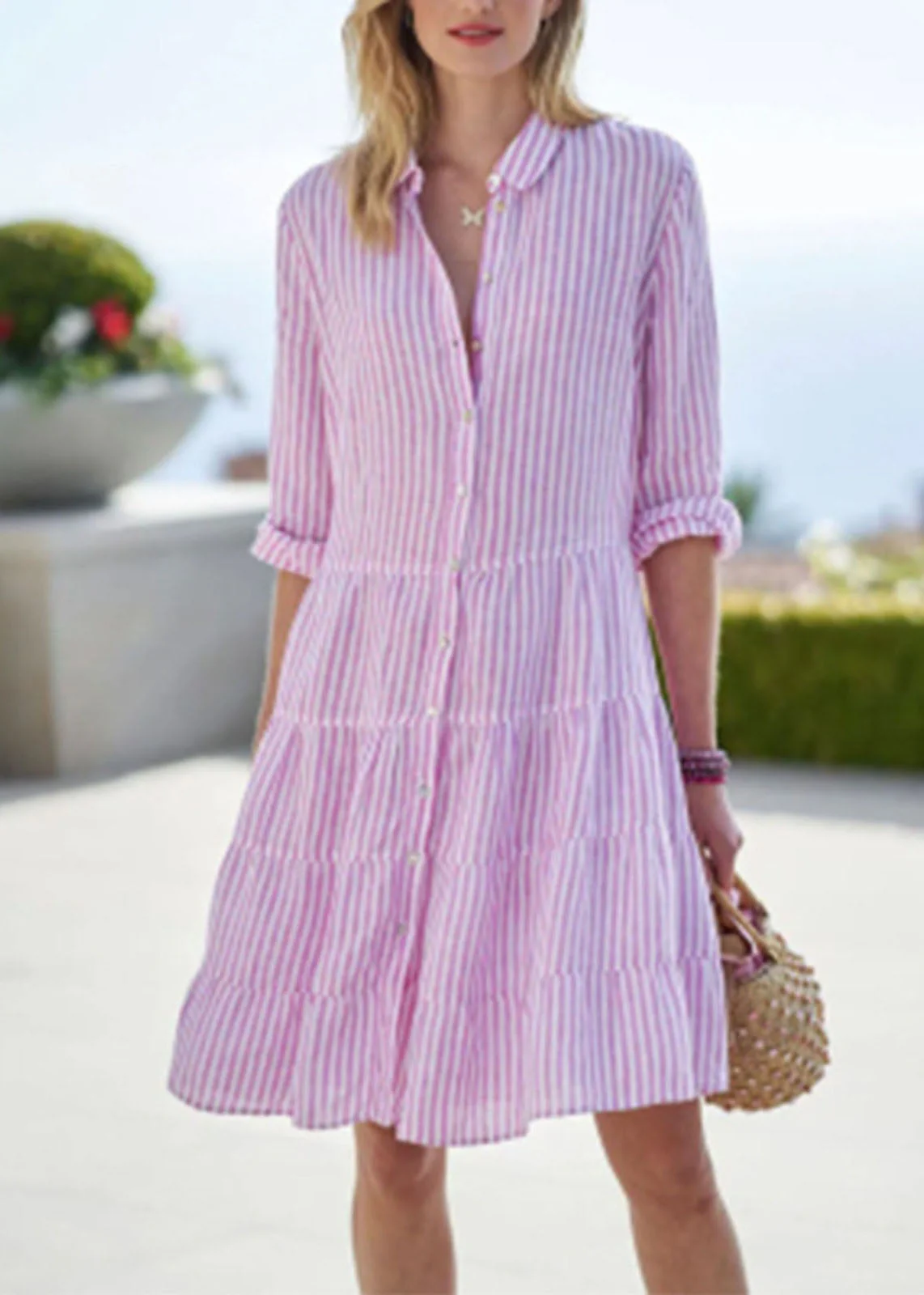 Cute Pink Peter Pan Collar Button Mid Dress Half Sleeve - Image 2