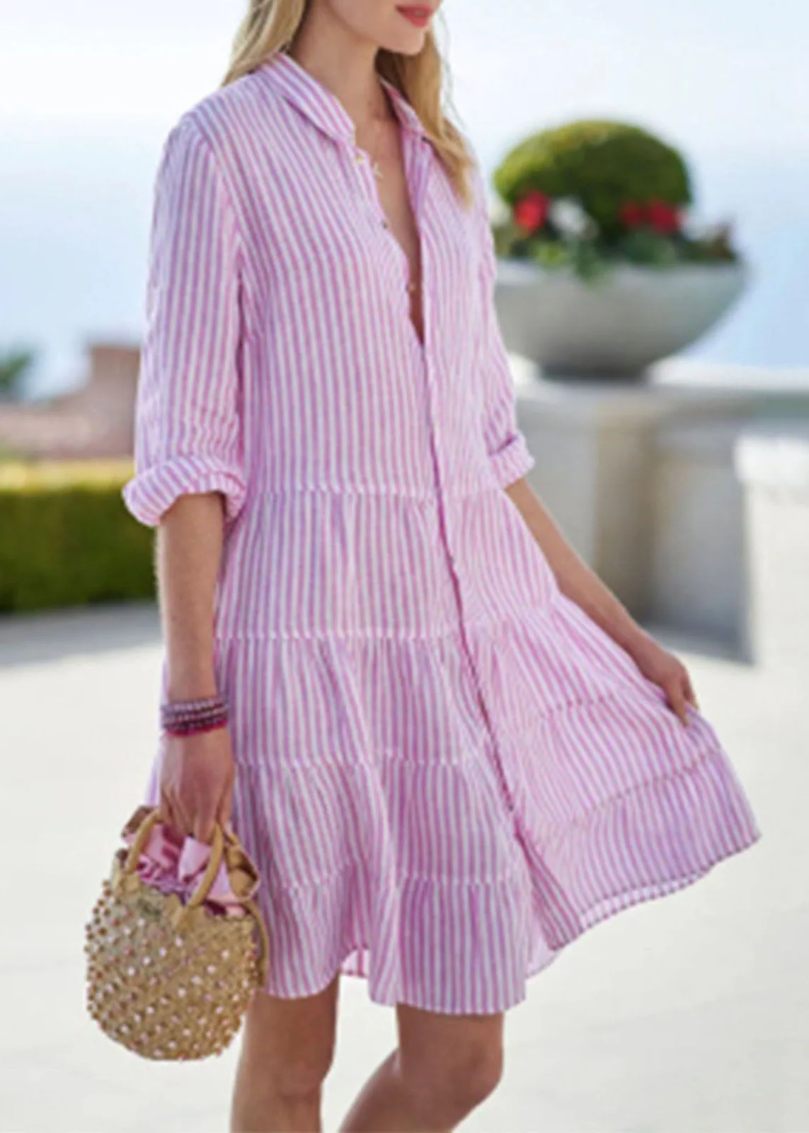 Cute Pink Peter Pan Collar Button Mid Dress Half Sleeve - Image 3