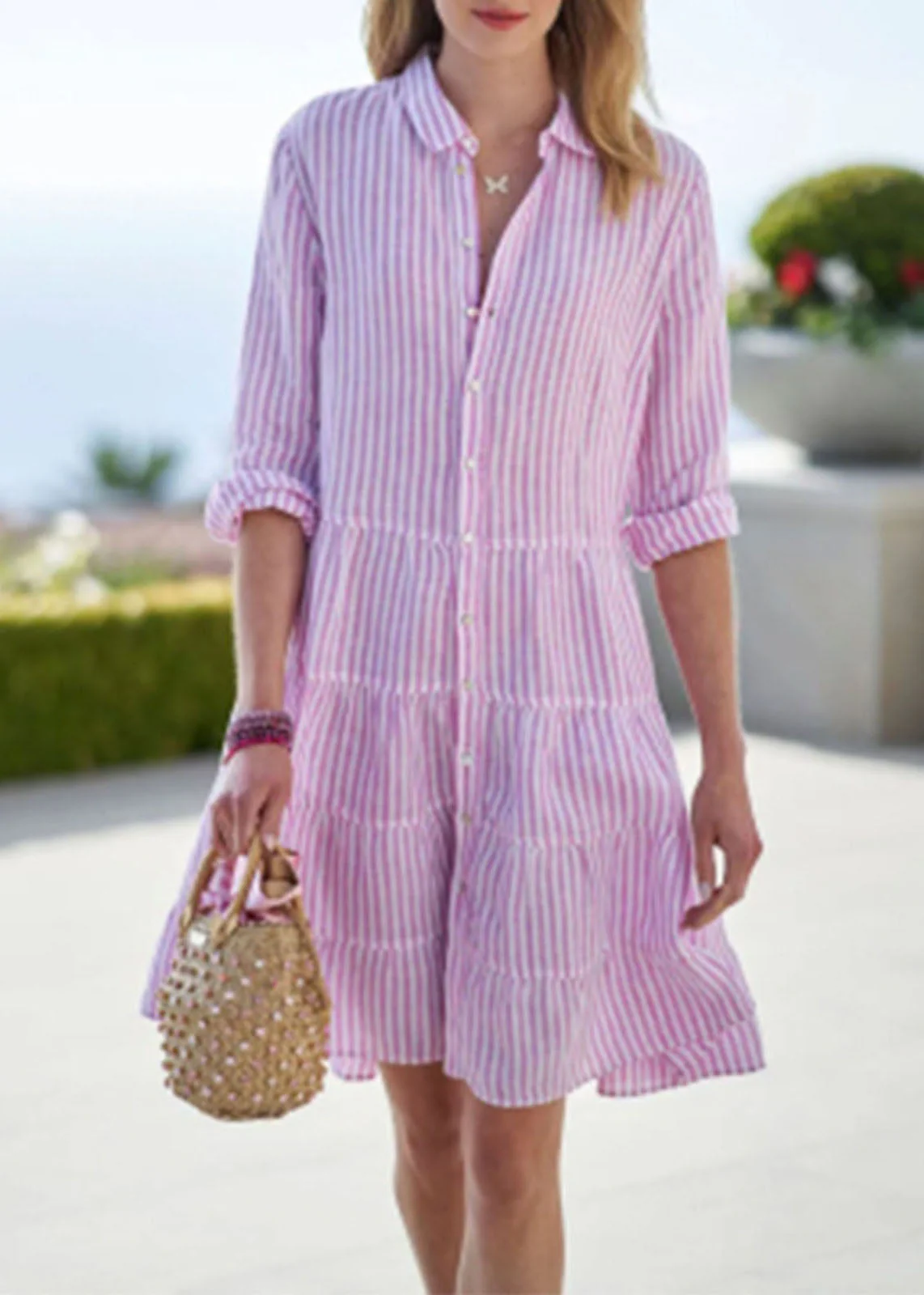 Cute Pink Peter Pan Collar Button Mid Dress Half Sleeve - Image 4