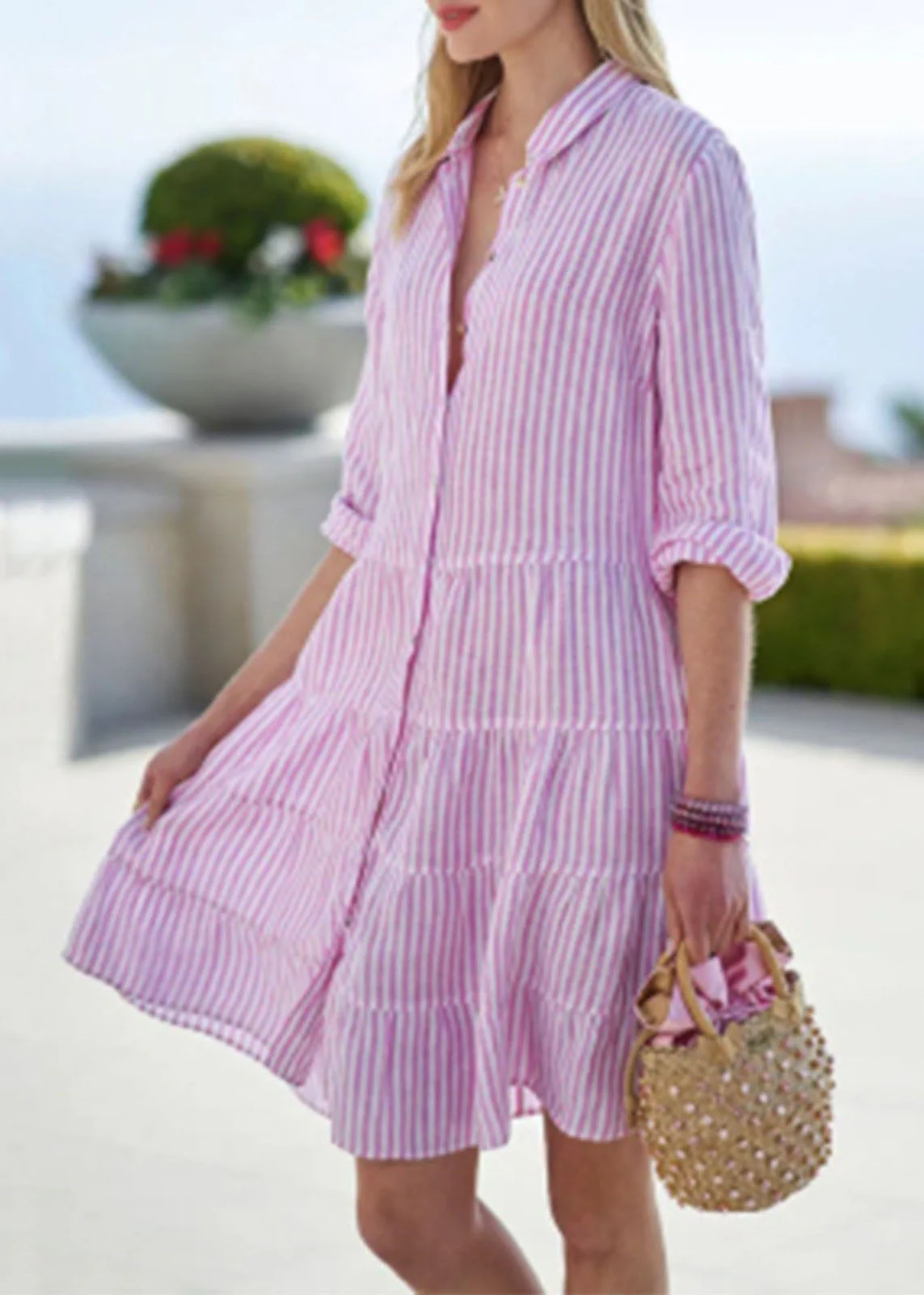 Cute Pink Peter Pan Collar Button Mid Dress Half Sleeve - Image 5
