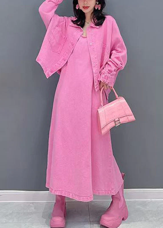 Cute Pink Peter Pan Collar Coats And Long Dresses Two Pieces Set Puff Sleeve - Image 2