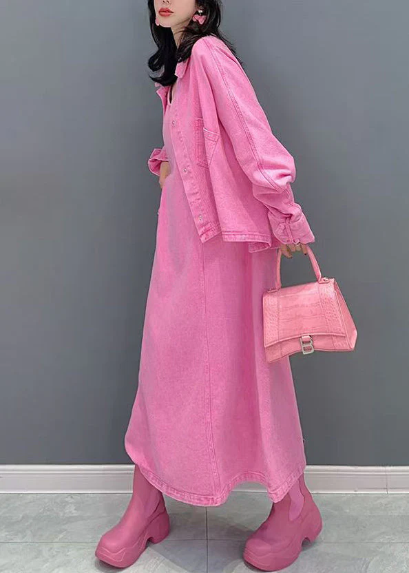 Cute Pink Peter Pan Collar Coats And Long Dresses Two Pieces Set Puff Sleeve - Image 3