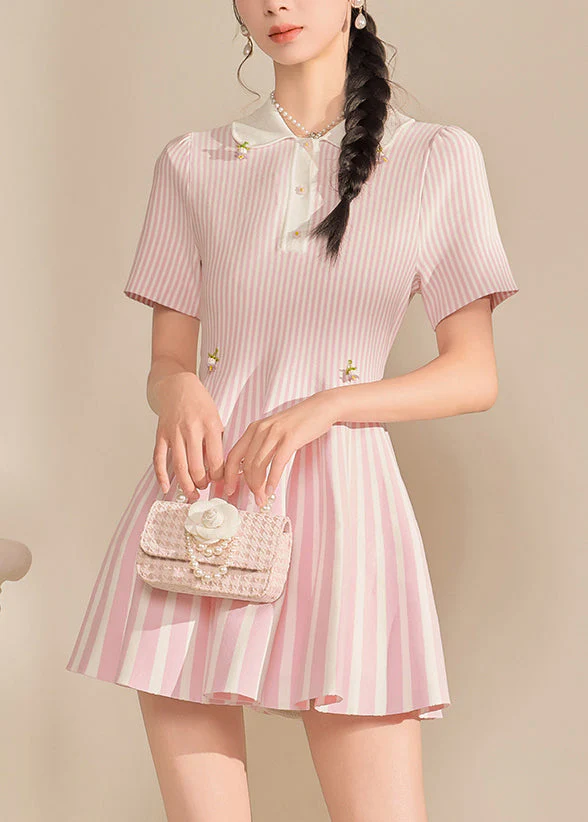 Cute Pink Peter Pan Collar Striped Mid Dress Summer - Image 2