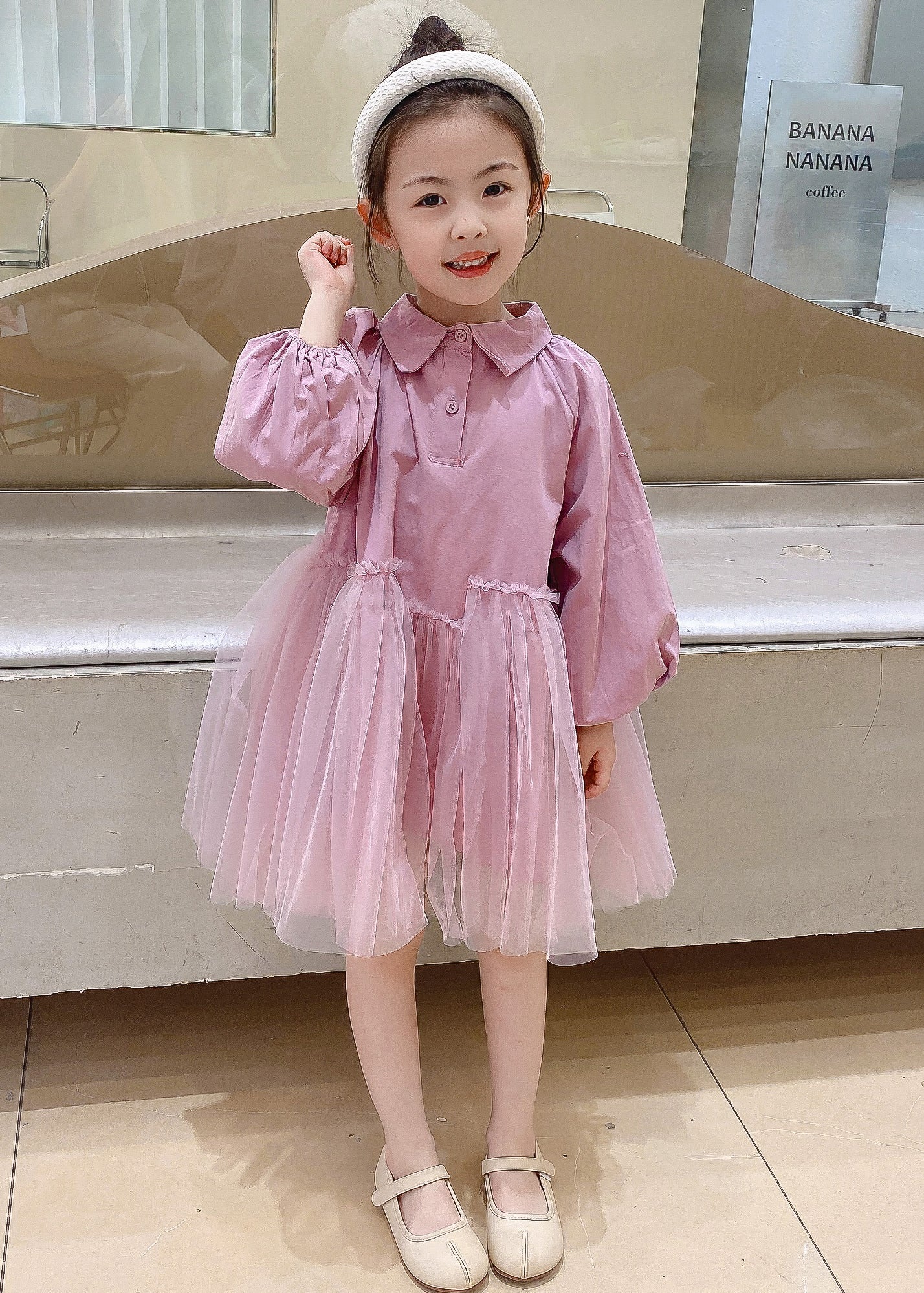 Cute Pink Peter Pan Collar Tulle Patchwork Cotton Kids Girls Dress Fall - Image 2