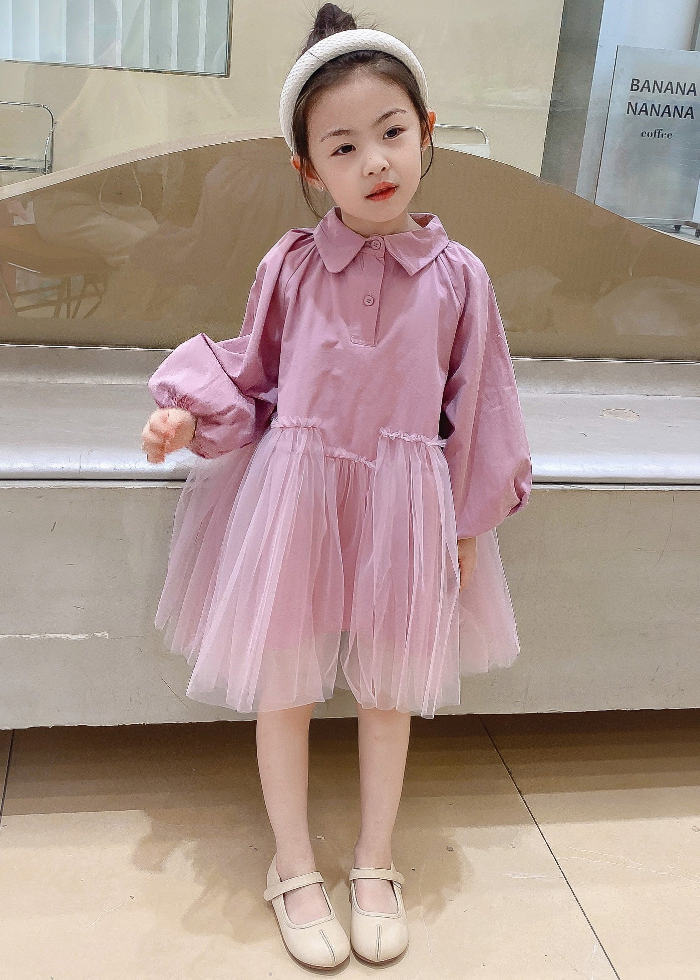 Cute Pink Peter Pan Collar Tulle Patchwork Cotton Kids Girls Dress Fall - Image 3