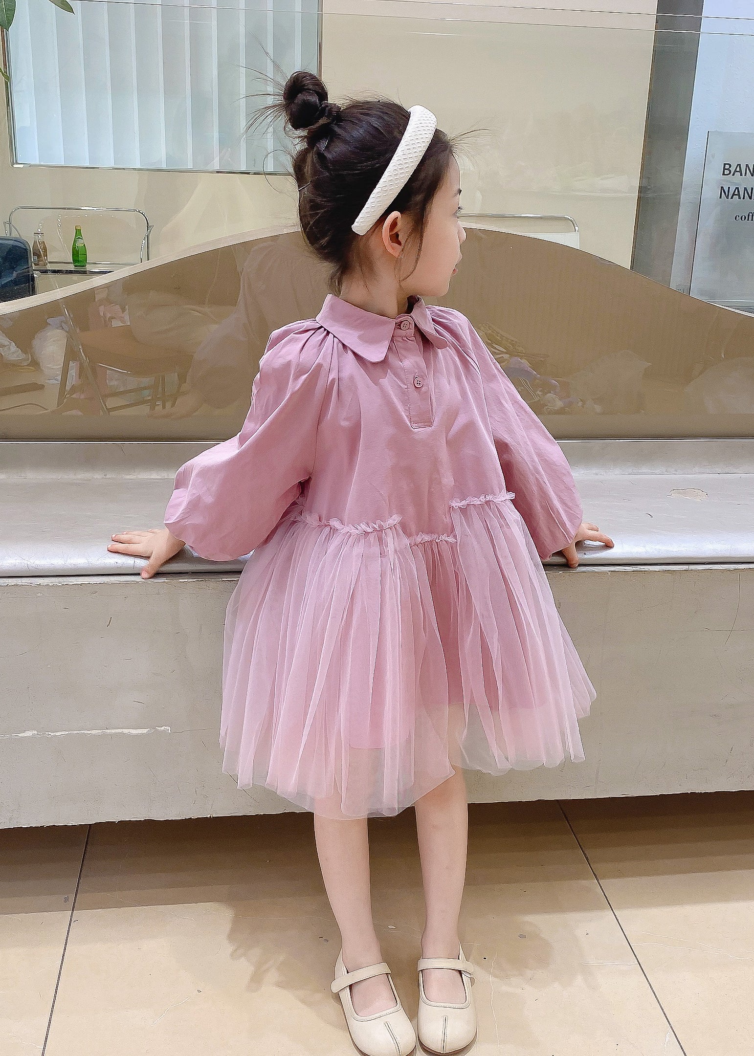Cute Pink Peter Pan Collar Tulle Patchwork Cotton Kids Girls Dress Fall - Image 4