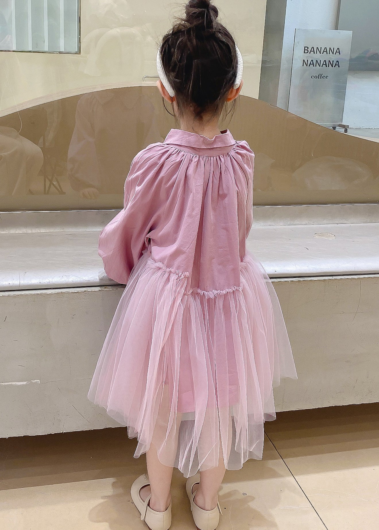 Cute Pink Peter Pan Collar Tulle Patchwork Cotton Kids Girls Dress Fall - Image 5
