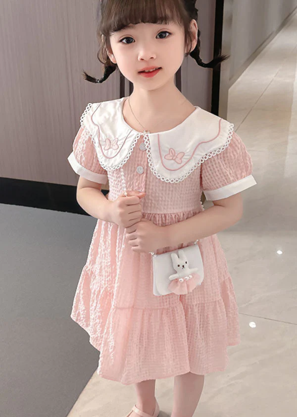 Cute Pink Peter Pan Collar Wrinkled Patchwork Cotton Baby Girls Dress Summer - Image 2