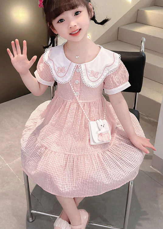 Cute Pink Peter Pan Collar Wrinkled Patchwork Cotton Baby Girls Dress Summer - Image 3