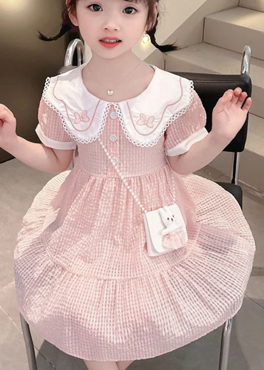 Cute Pink Peter Pan Collar Wrinkled Patchwork Cotton Baby Girls Dress Summer - Image 4