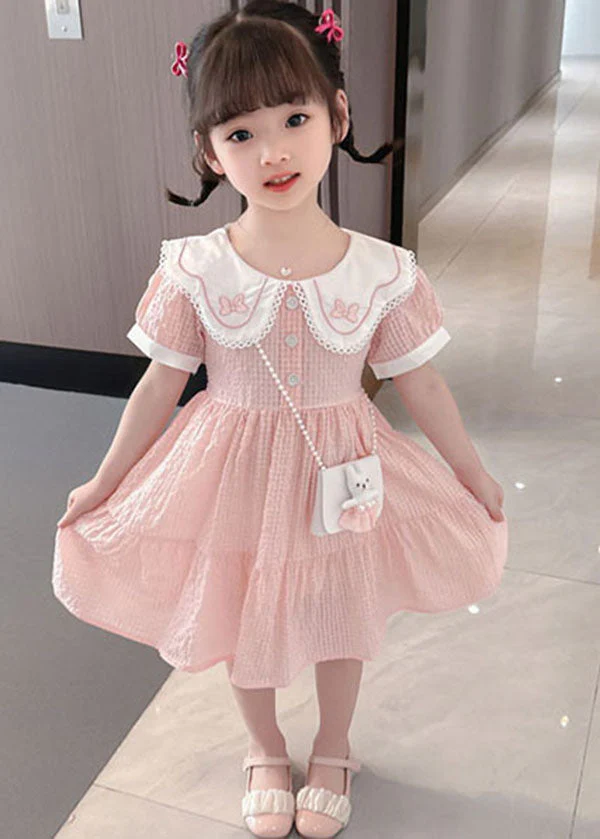 Cute Pink Peter Pan Collar Wrinkled Patchwork Cotton Baby Girls Dress Summer - Image 5