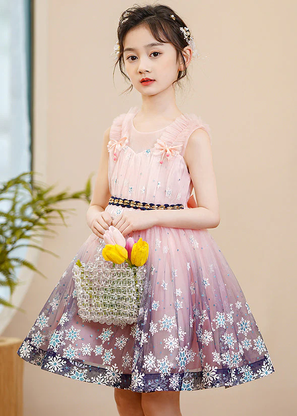 Cute Pink Print Gradient Color Exra Large Hem Tulle Kids Girls Robe Dresses Summer - Image 4