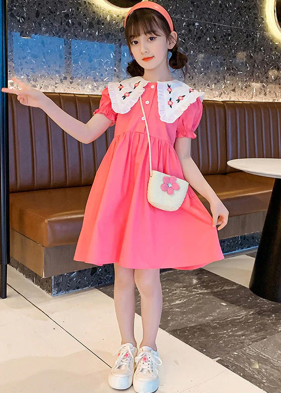 Cute Pink Print Patchwork Wrinkled Cotton Girls Holiday Mid Dress Short Sleeve - Image 2