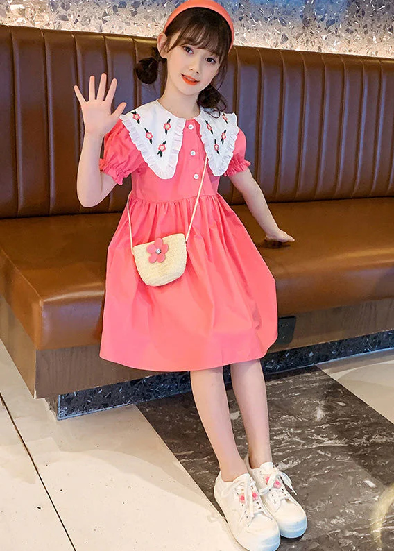 Cute Pink Print Patchwork Wrinkled Cotton Girls Holiday Mid Dress Short Sleeve - Image 3
