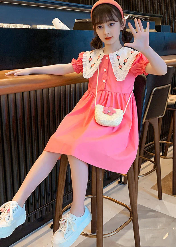 Cute Pink Print Patchwork Wrinkled Cotton Girls Holiday Mid Dress Short Sleeve - Image 4