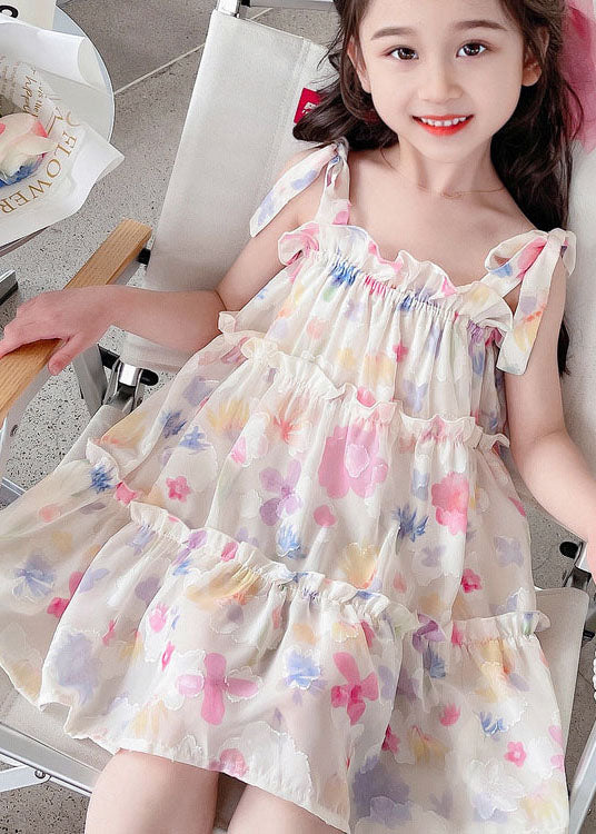Cute Pink Print Ruffled Patchwork Chiffon Baby Girls Dresses Sleeveless - Image 2