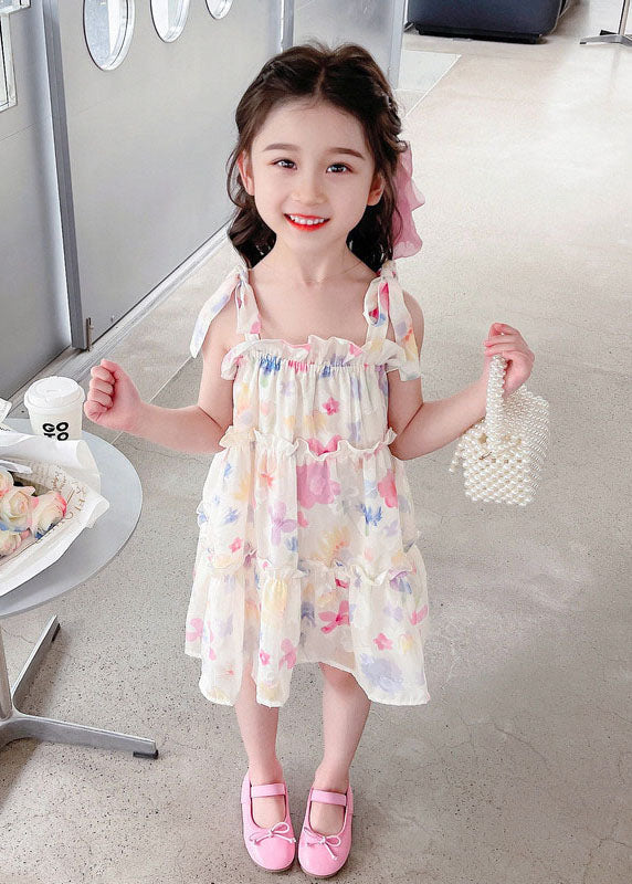 Cute Pink Print Ruffled Patchwork Chiffon Baby Girls Dresses Sleeveless - Image 3