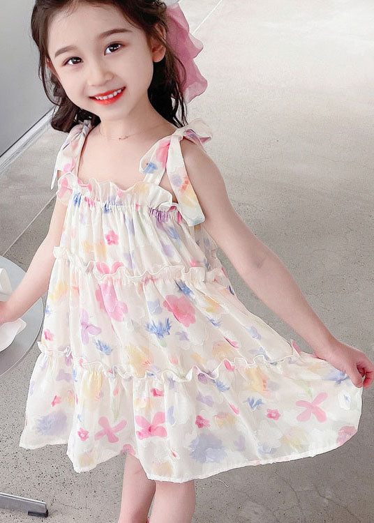 Cute Pink Print Ruffled Patchwork Chiffon Baby Girls Dresses Sleeveless - Image 4