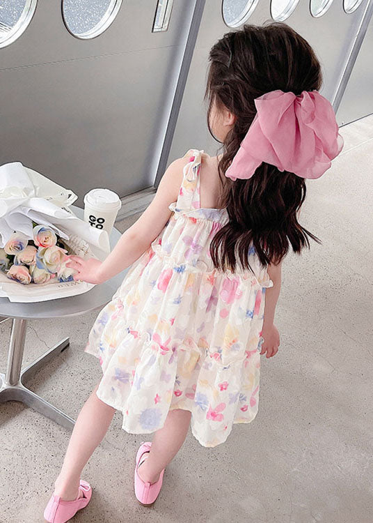 Cute Pink Print Ruffled Patchwork Chiffon Baby Girls Dresses Sleeveless - Image 5