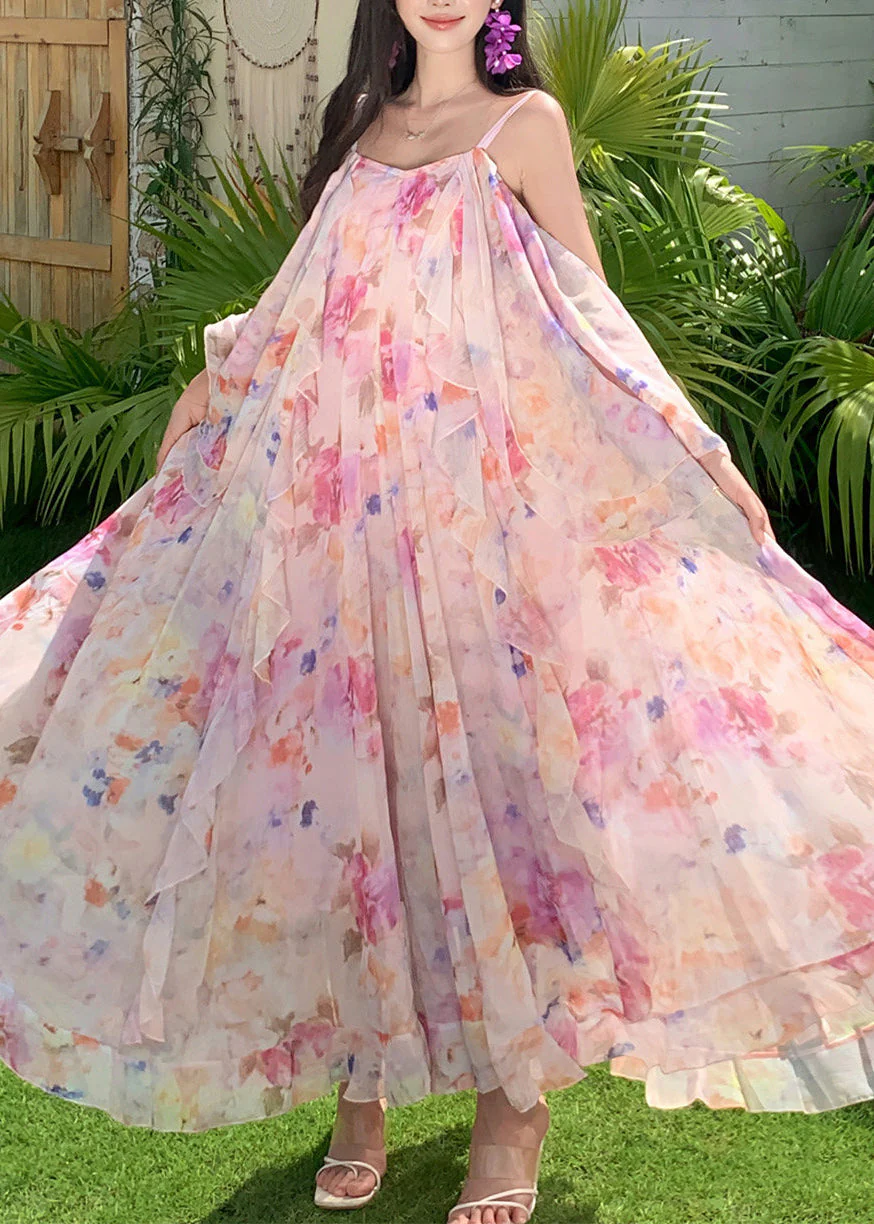 Cute Pink Print Ruffled Patchwork Chiffon Long Dress Short Sleeve - Image 2
