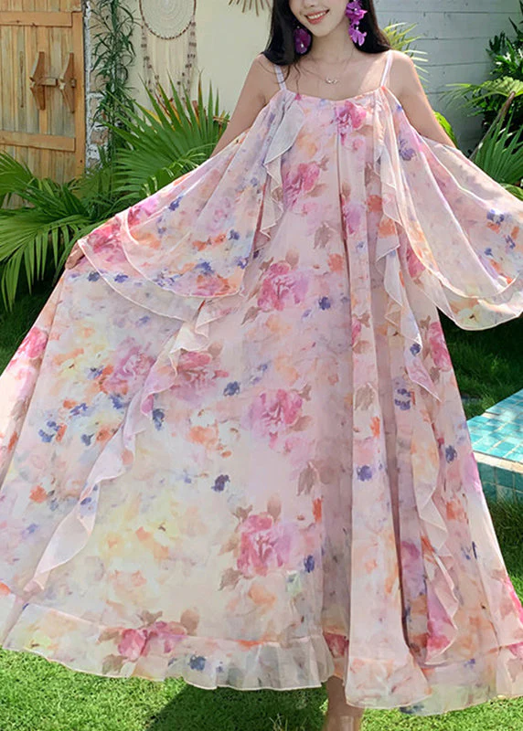 Cute Pink Print Ruffled Patchwork Chiffon Long Dress Short Sleeve - Image 3