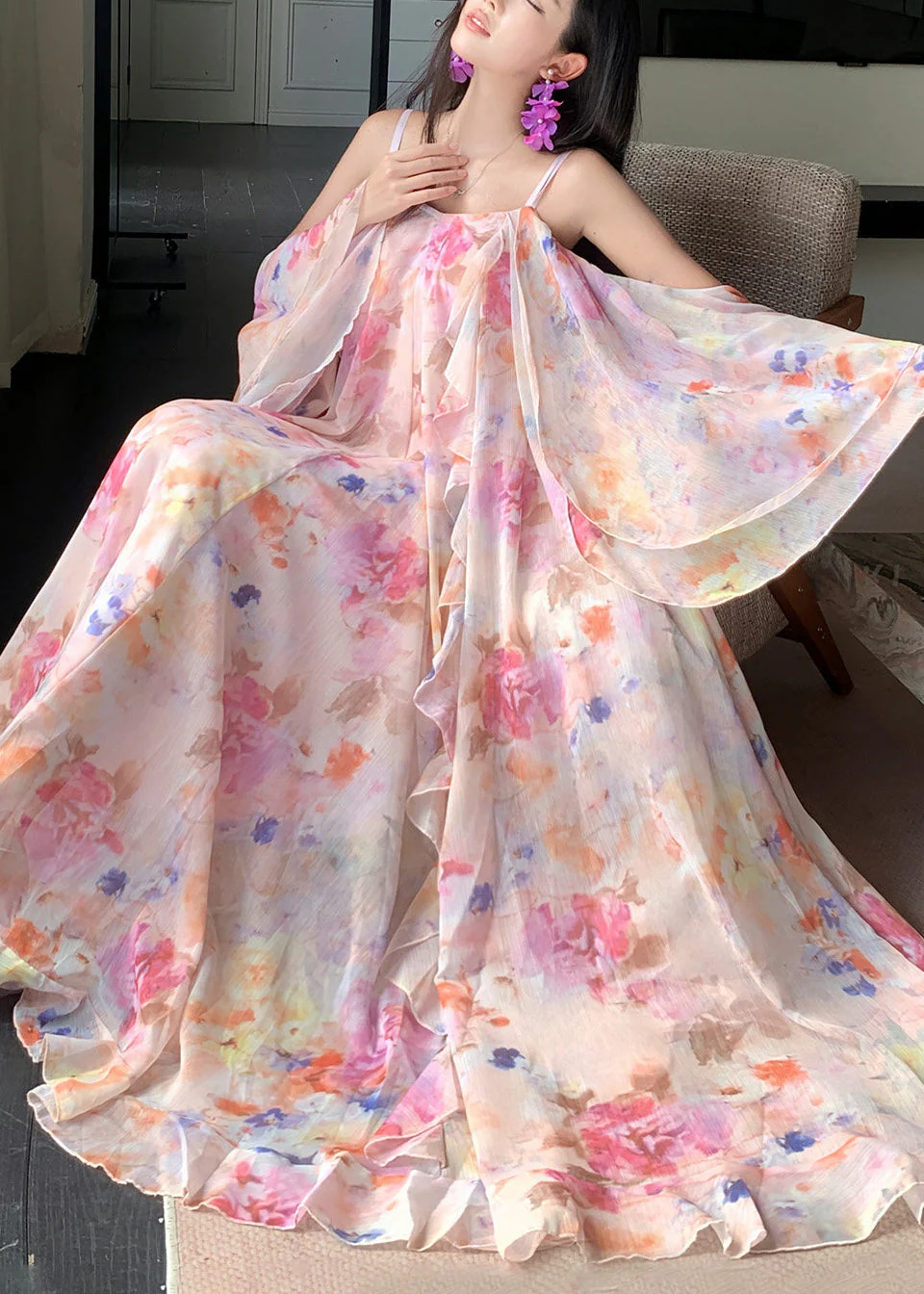 Cute Pink Print Ruffled Patchwork Chiffon Long Dress Short Sleeve - Image 4