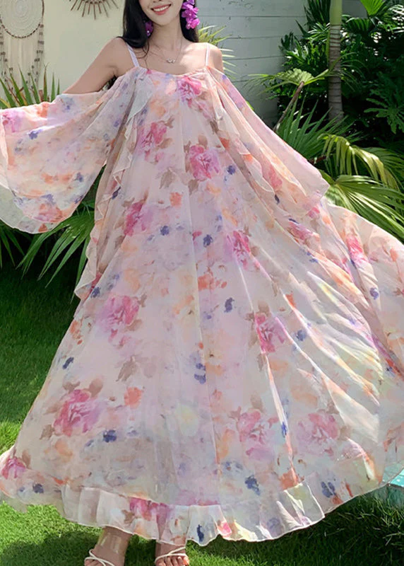 Cute Pink Print Ruffled Patchwork Chiffon Long Dress Short Sleeve - Image 5