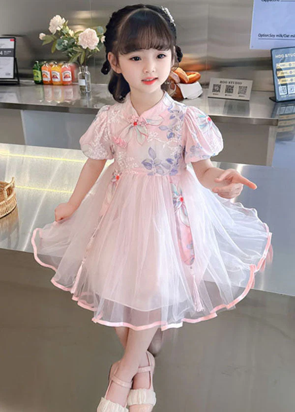 Cute Pink Print Wrinkled Patchwork Tulle Kids Girls Dresses Summer - Image 2