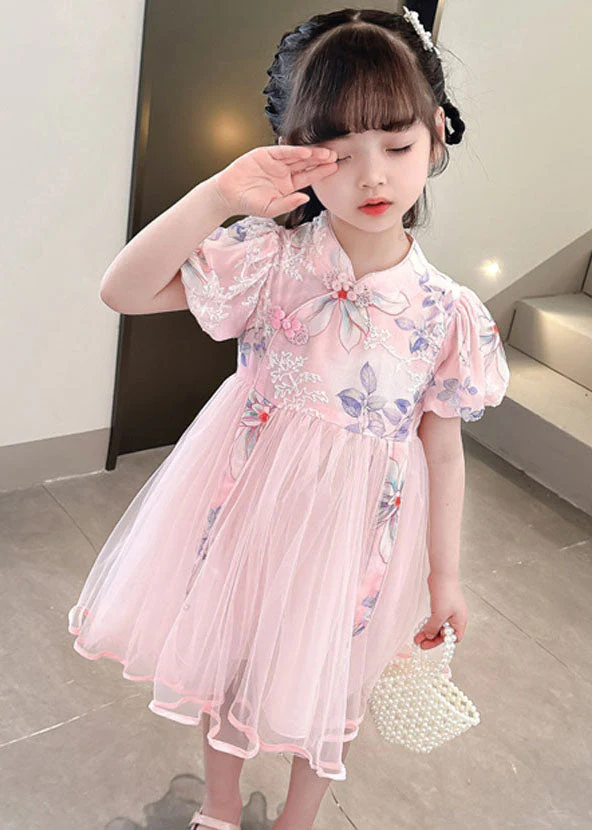 Cute Pink Print Wrinkled Patchwork Tulle Kids Girls Dresses Summer - Image 3