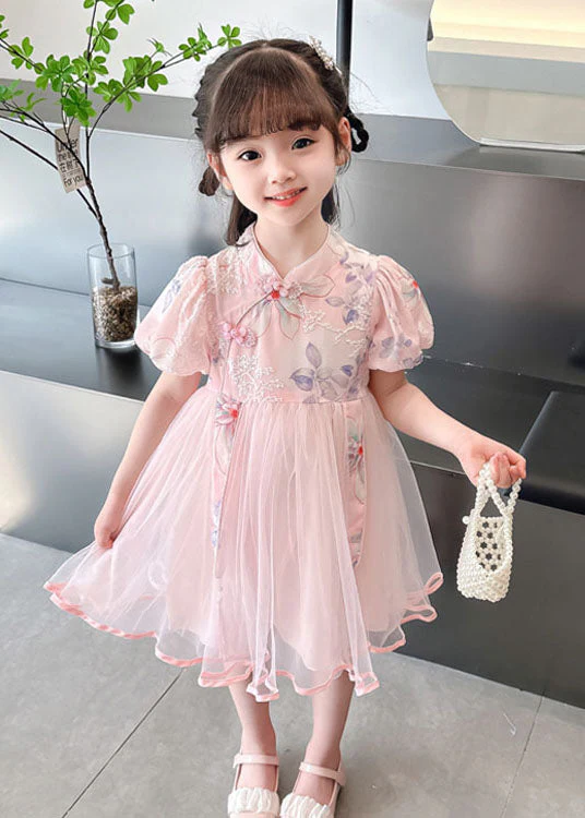 Cute Pink Print Wrinkled Patchwork Tulle Kids Girls Dresses Summer - Image 4